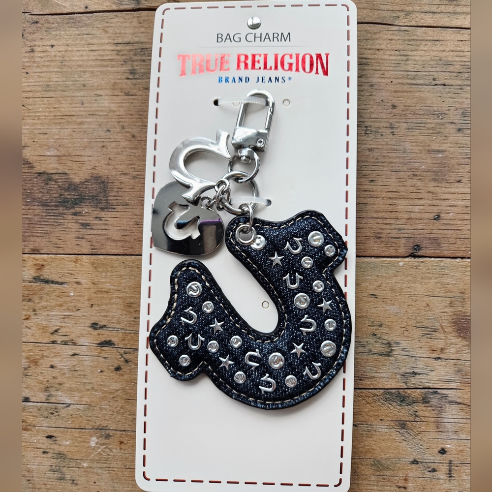 NEW True Religion Denim Rhinestone Horseshoe Bag Charm 5.25H X 3.5W NWT